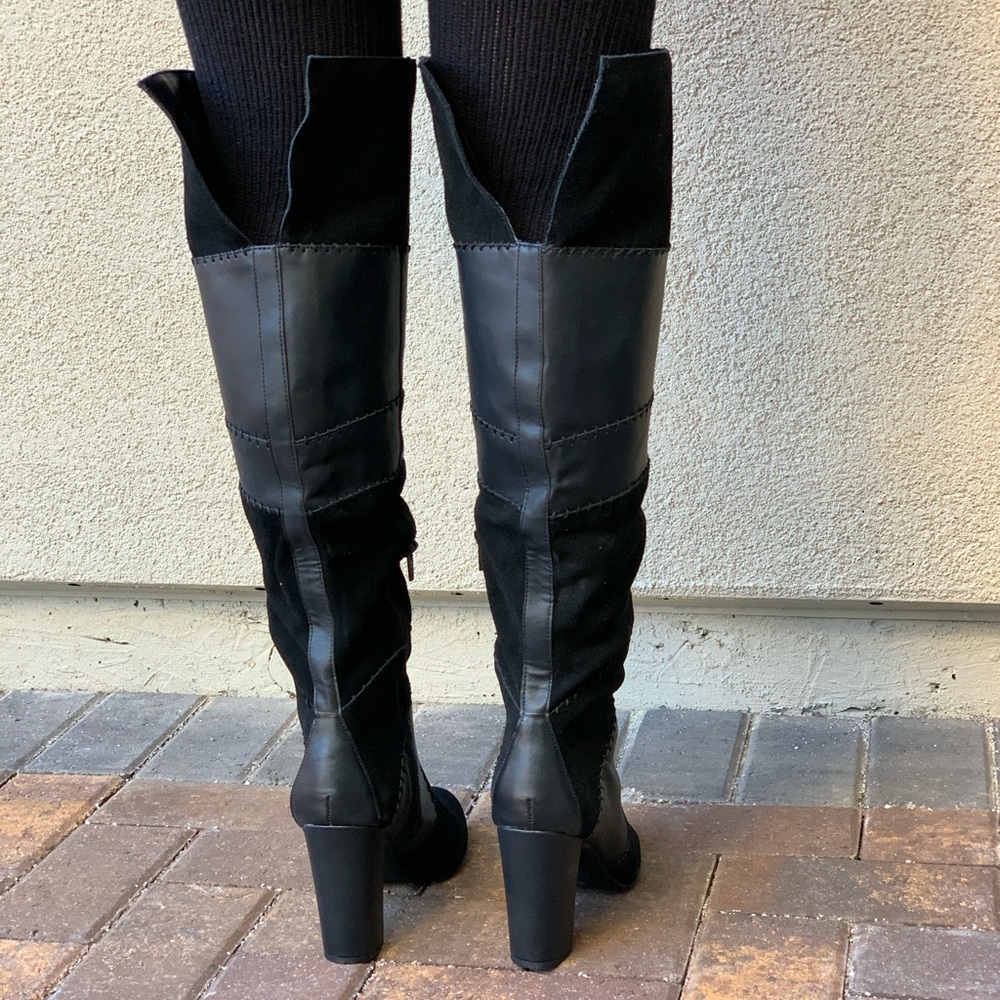 Quilt Patchwork Over The Knee Block Heel Boots - Picture 8 of 8